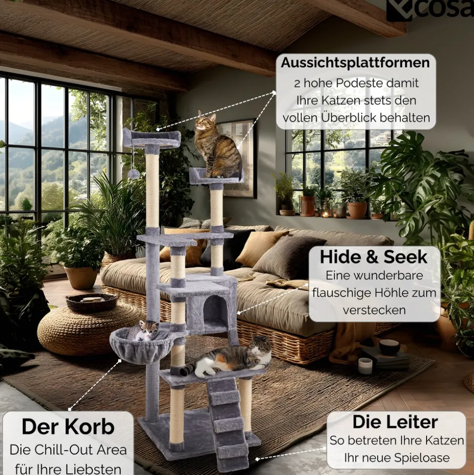 Ecosa XXL Katzenbaum Kratzbaum groß 170cm Kletterturm mit mehreren Plattformen