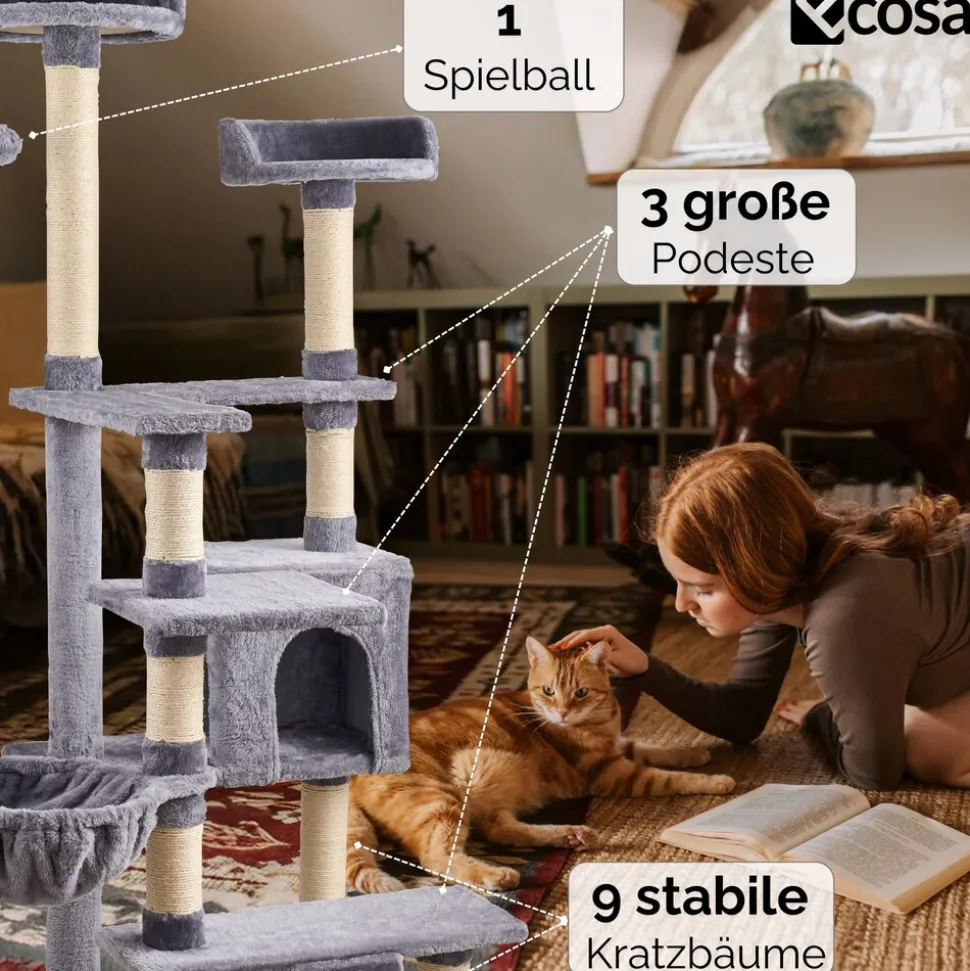 Ecosa XXL Katzenbaum Kratzbaum groß 170cm Kletterturm mit mehreren Plattformen