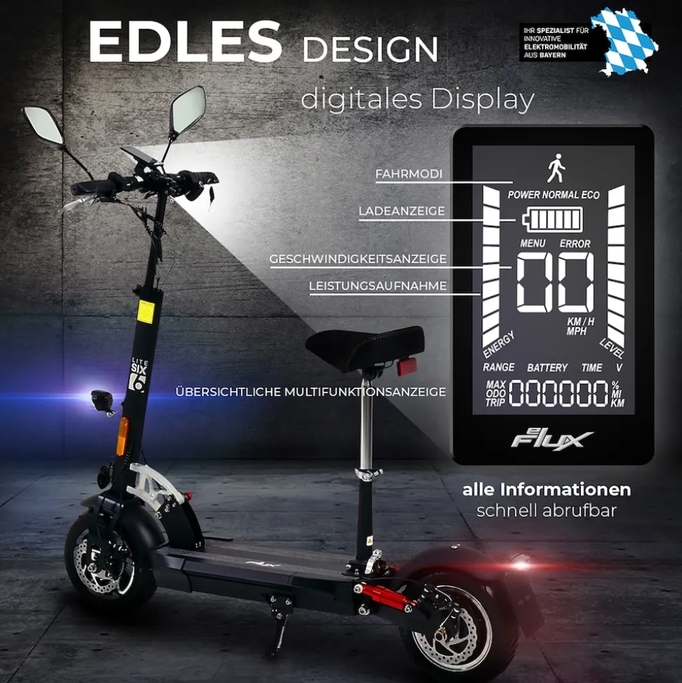 eFlux Lite Six Pro E-Scooter 1000 Watt, Straßenzulassung, 40 km/h, verstellbarer Sitz, Lithium-Akku