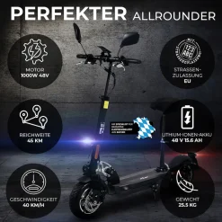 eFlux Lite Six Pro E-Scooter 1000 Watt, Straßenzulassung, 40 km/h, verstellbarer Sitz, Lithium-Akku