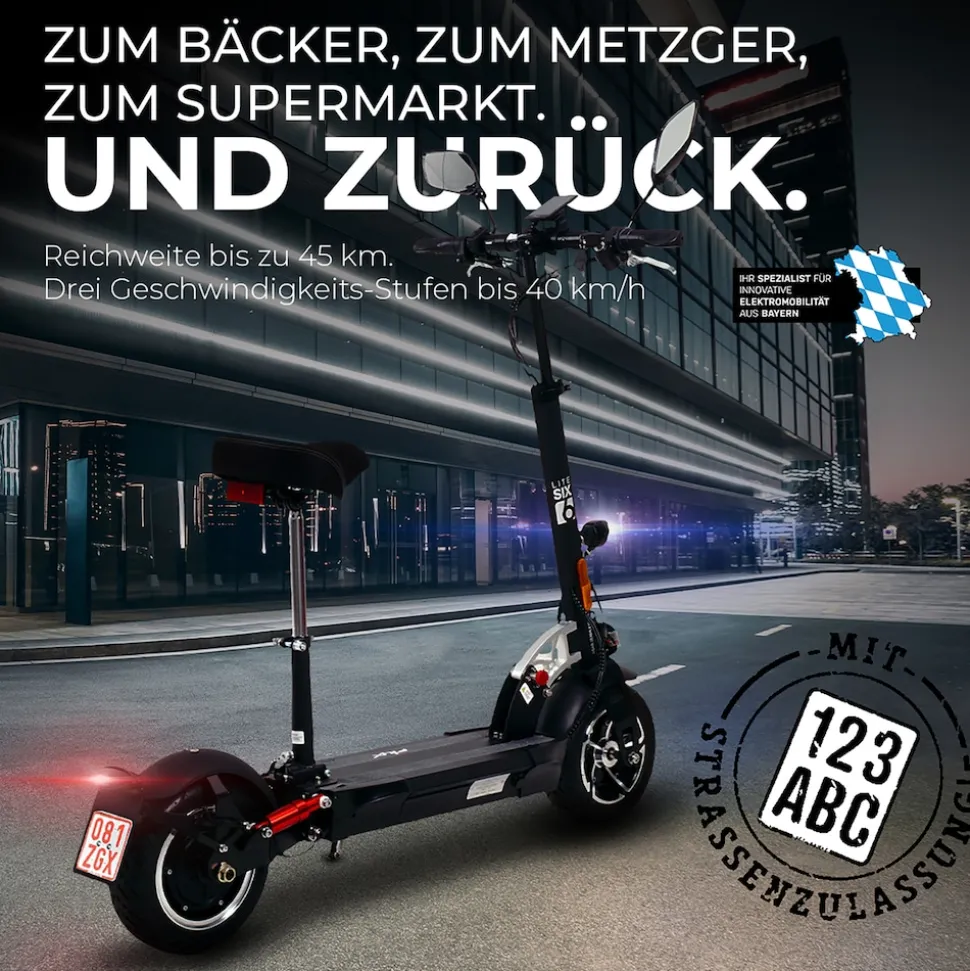 eFlux Lite Six Pro E-Scooter 1000 Watt, Straßenzulassung, 40 km/h, verstellbarer Sitz, Lithium-Akku