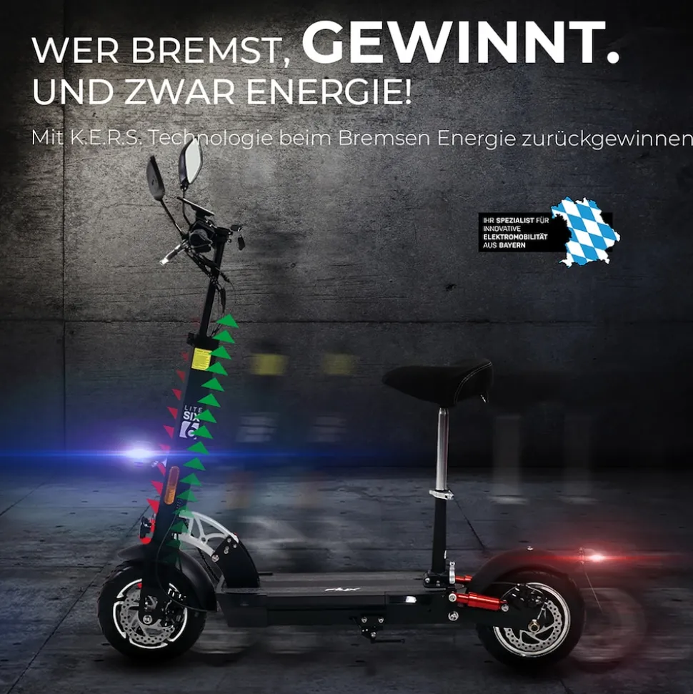 eFlux Lite Six Pro E-Scooter 1000 Watt, Straßenzulassung, 40 km/h, verstellbarer Sitz, Lithium-Akku