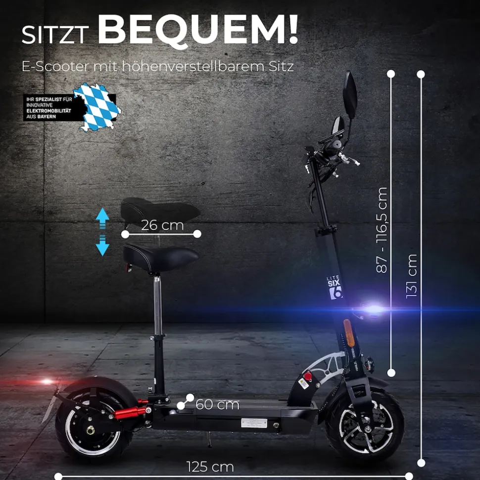eFlux Lite Six Pro E-Scooter 1000 Watt, Straßenzulassung, 40 km/h, verstellbarer Sitz, Lithium-Akku