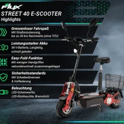 eFlux Street 40 Pro, E-Scooter, Straßenzulassung, 35 km/h, 800 Watt, mit Sitz, Gepäck-Korb, klappbar