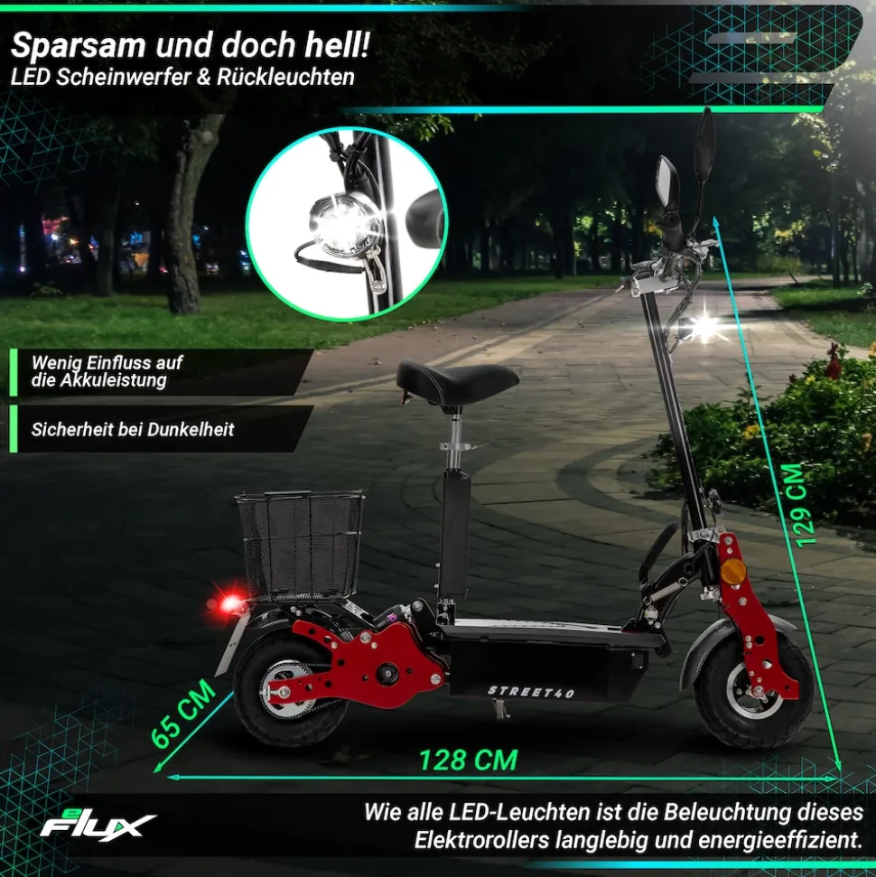 eFlux Street 40 Pro, E-Scooter, Straßenzulassung, 35 km/h, 800 Watt, mit Sitz, Gepäck-Korb, klappbar