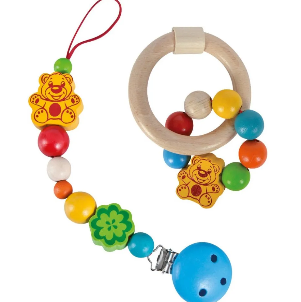Eichhorn Baby Schnullerkette mit Clip und Beißring Set Holz Ring Made in Germany