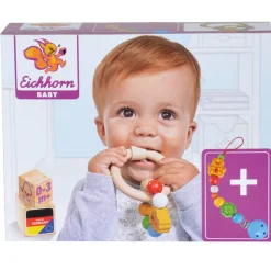 Eichhorn Baby Schnullerkette mit Clip und Beißring Set Holz Ring Made in Germany