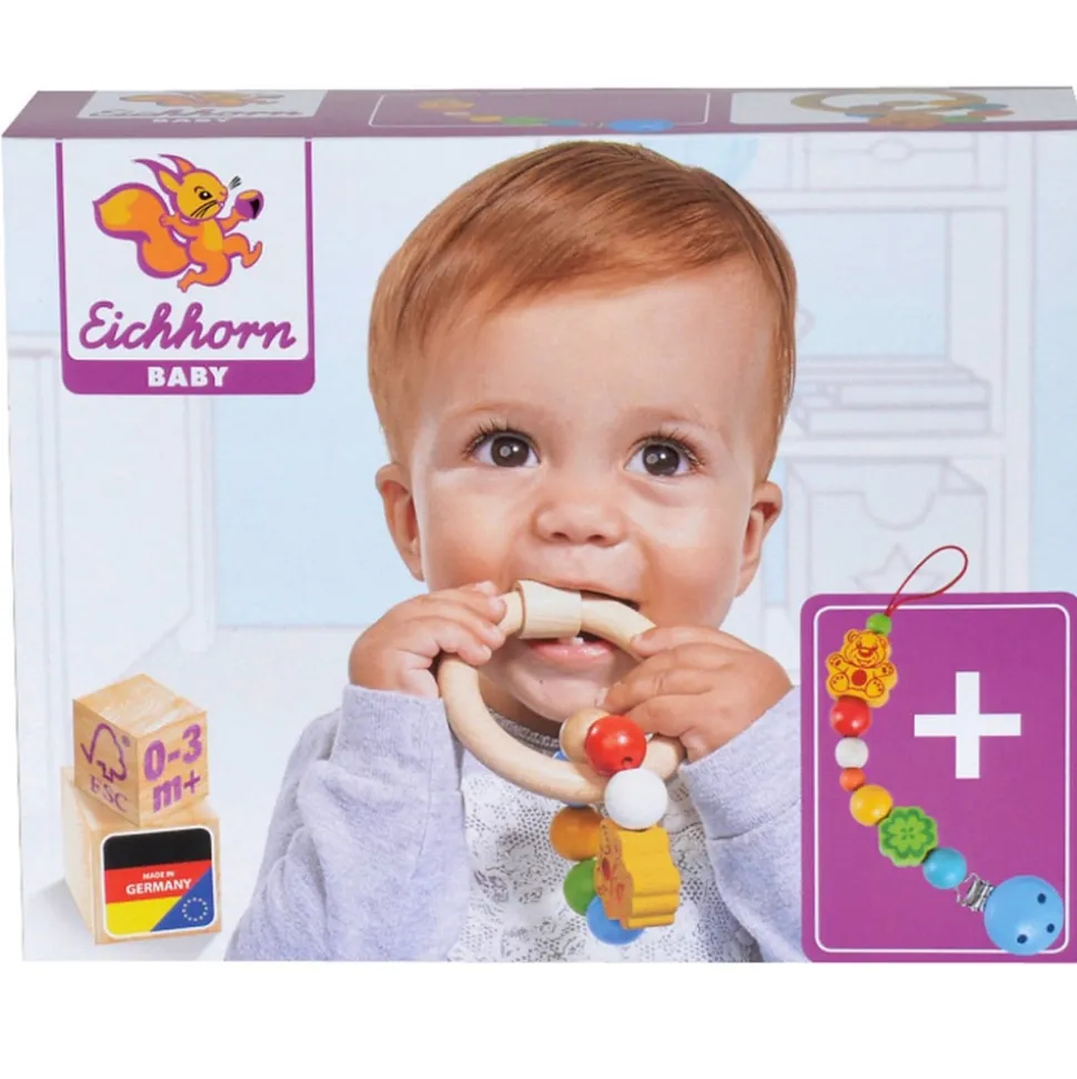 Eichhorn Baby Schnullerkette mit Clip und Beißring Set Holz Ring Made in Germany