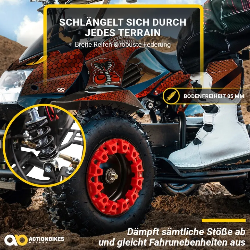 Elektro-Kinderquad Cobra, 800 Watt, bis 24 km/h, ab 8 Jahren, Federung, 3x 12V-Akku, Scheibenbremsen (Rot/Schwarz)