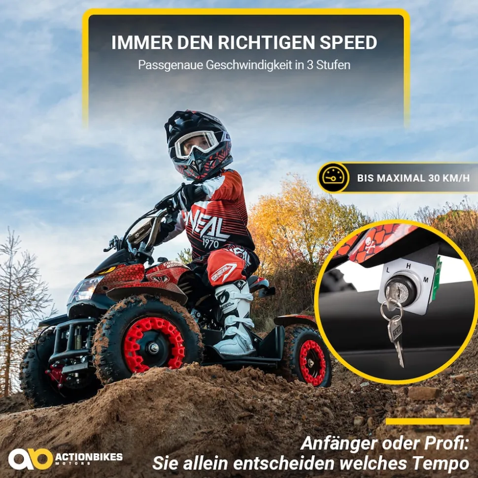 Elektro-Kinderquad Cobra, 800 Watt, bis 24 km/h, ab 8 Jahren, Federung, 3x 12V-Akku, Scheibenbremsen (Rot/Schwarz)