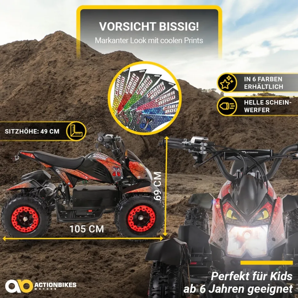 Elektro-Kinderquad Cobra, 800 Watt, bis 24 km/h, ab 8 Jahren, Federung, 3x 12V-Akku, Scheibenbremsen (Rot/Schwarz)