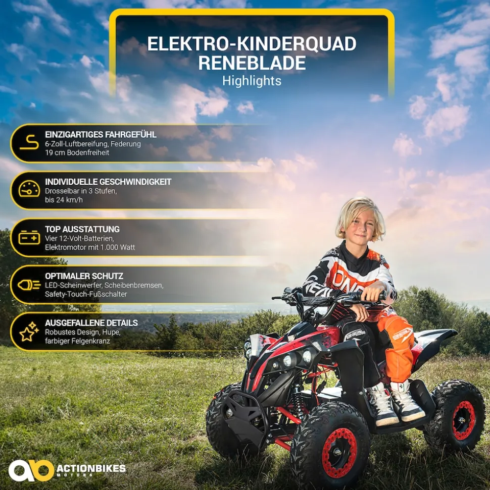 Elektro-Kinderquad Reneblade, Mini-Quad mit 1000 Watt, Federung, Scheibenbremsen, drosselbar, LEDs (Classic, Schwarz/Blau)