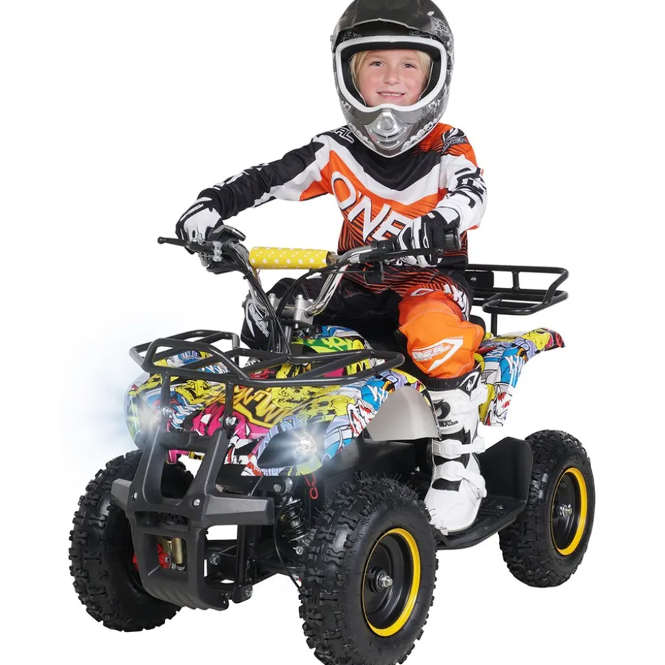 Elektro-Kinderquad Torino, 1000 Watt, Pocket-Quad mit Scheibenbremsen, 24 km/h, 3 x 12-Volt-Batterie (Gelb Graffiti)