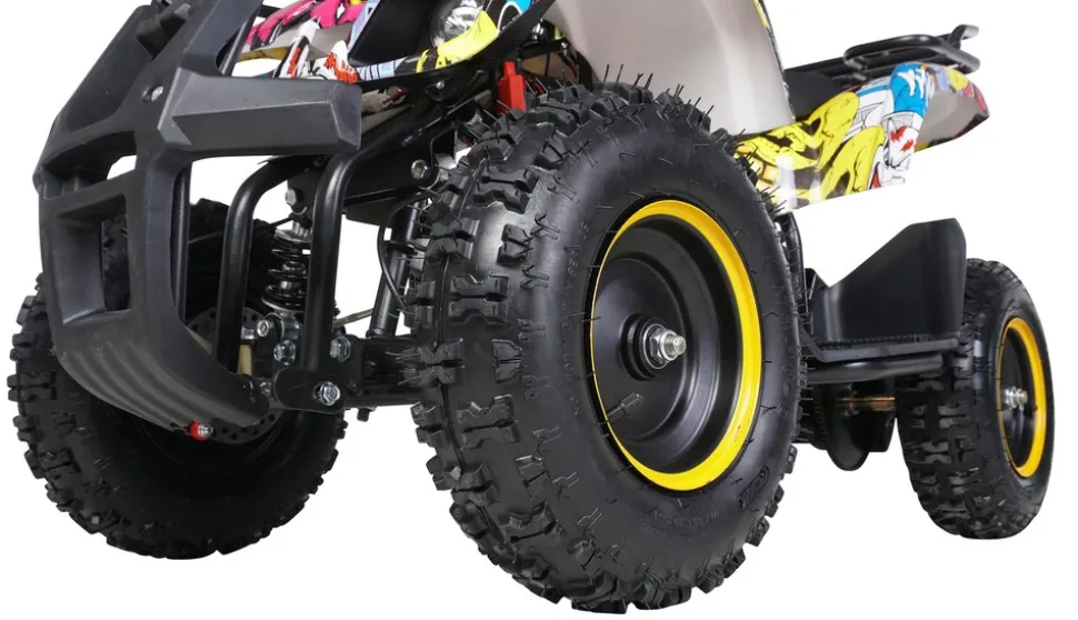 Elektro-Kinderquad Torino, 1000 Watt, Pocket-Quad mit Scheibenbremsen, 24 km/h, 3 x 12-Volt-Batterie (Gelb Graffiti)