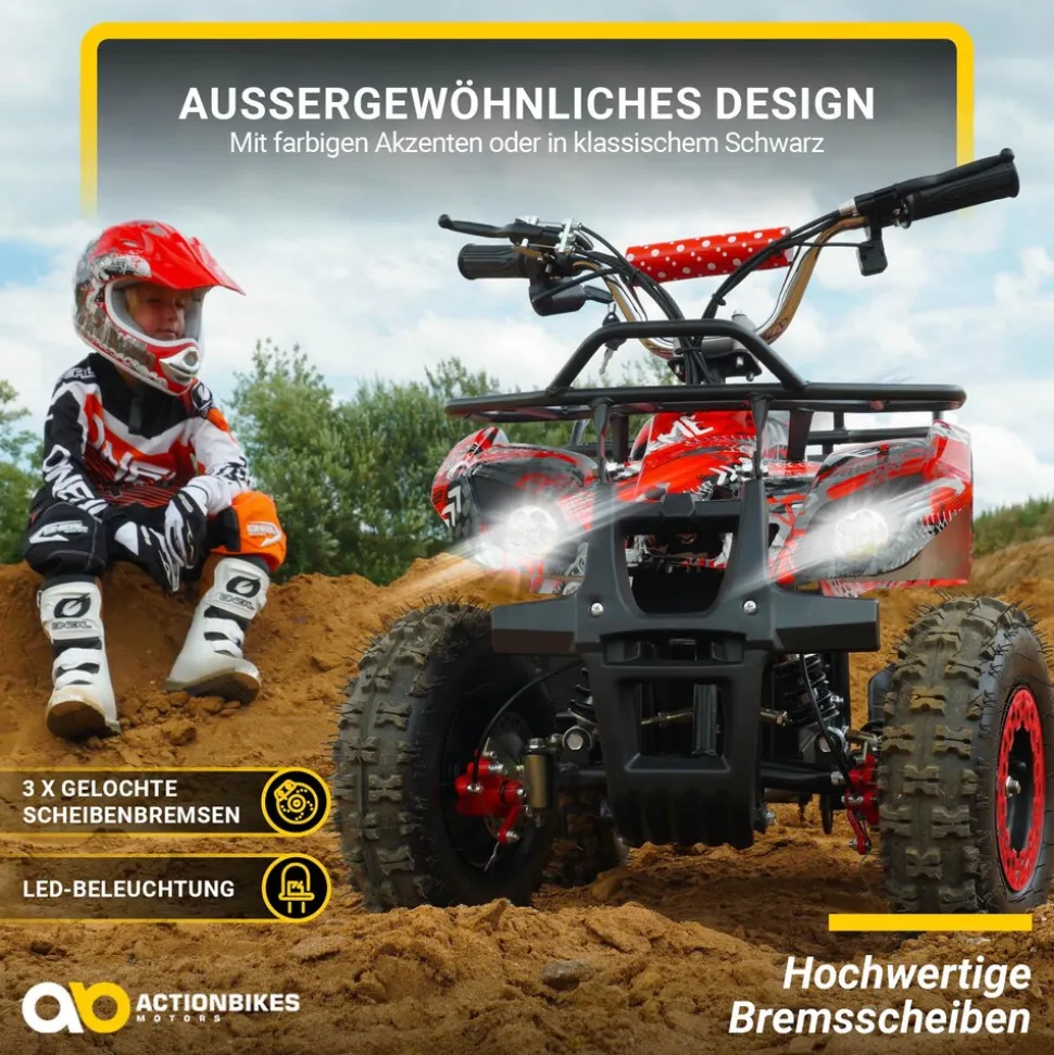 Elektro-Kinderquad Torino, 1000 Watt, Pocket-Quad mit Scheibenbremsen, 24 km/h, 3 x 12-Volt-Batterie (Gelb Graffiti)