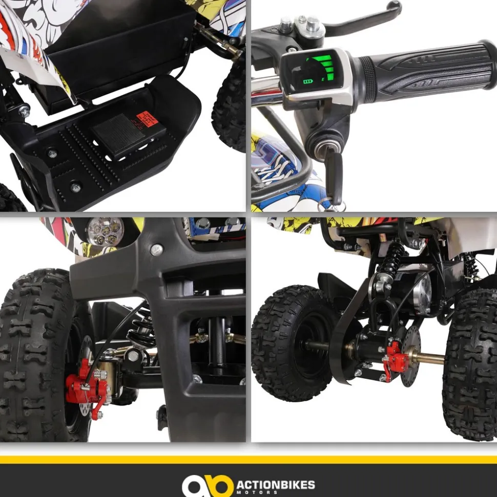 Elektro-Kinderquad Torino, 1000 Watt, Pocket-Quad mit Scheibenbremsen, 24 km/h, 3 x 12-Volt-Batterie (Gelb Graffiti)