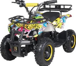 Elektro-Kinderquad Torino, 1000 Watt, Pocket-Quad mit Scheibenbremsen, 24 km/h, 3 x 12-Volt-Batterie (Gelb Graffiti)