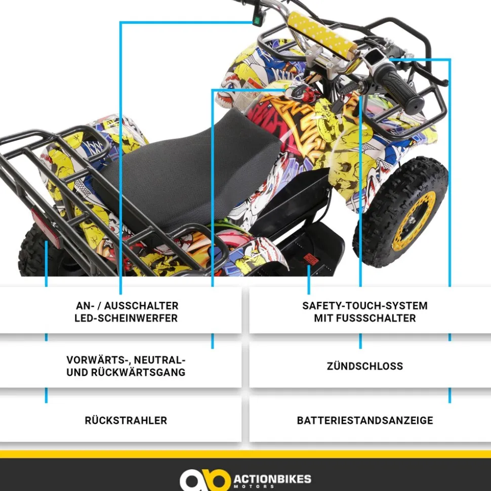 Elektro-Kinderquad Torino, 1000 Watt, Pocket-Quad mit Scheibenbremsen, 24 km/h, 3 x 12-Volt-Batterie (Gelb Graffiti)