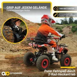 Elektro-Kinderquad Torino, 1000 Watt, Pocket-Quad mit Scheibenbremsen, 24 km/h, 3 x 12-Volt-Batterie (Gelb Graffiti)