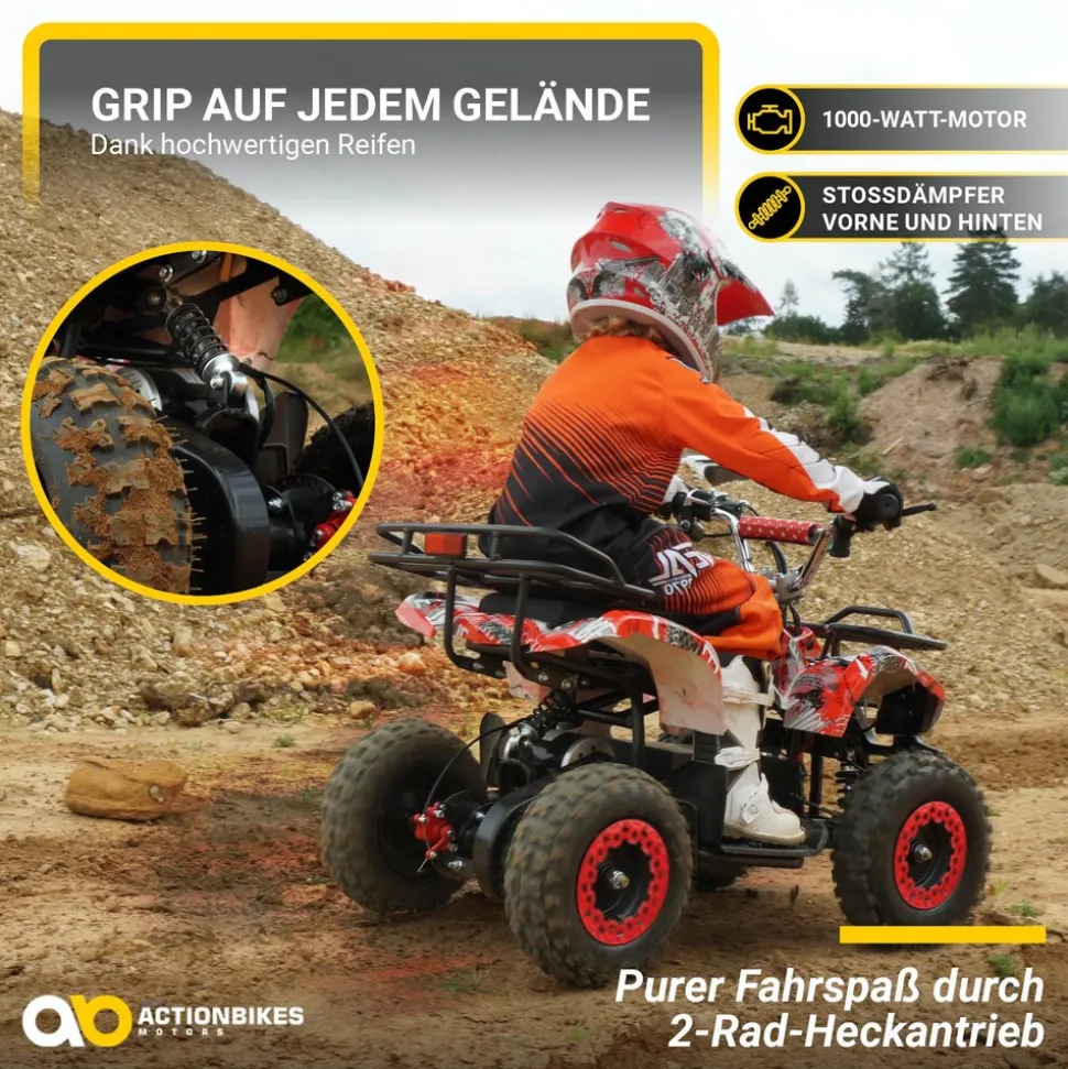 Elektro-Kinderquad Torino, 1000 Watt, Pocket-Quad mit Scheibenbremsen, 24 km/h, 3 x 12-Volt-Batterie (Gelb Graffiti)