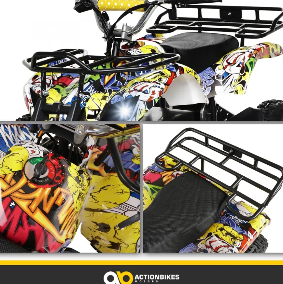Elektro-Kinderquad Torino, 1000 Watt, Pocket-Quad mit Scheibenbremsen, 24 km/h, 3 x 12-Volt-Batterie (Gelb Graffiti)