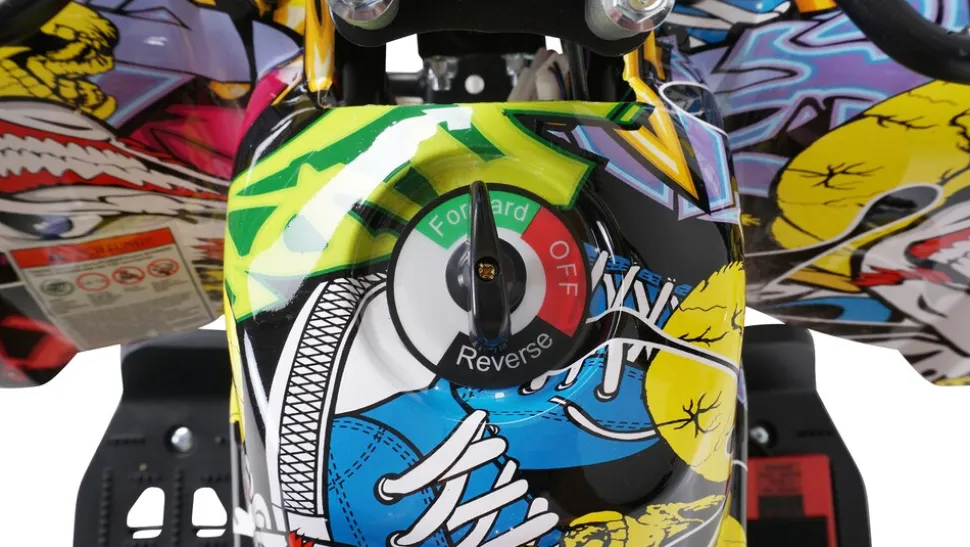 Elektro-Kinderquad Torino, 1000 Watt, Pocket-Quad mit Scheibenbremsen, 24 km/h, 3 x 12-Volt-Batterie (Gelb Graffiti)