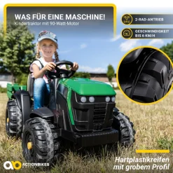Elektro-Kindertraktor mit Anhänger, Staufach, Schaufel, Fernbedienung, 90 W, Bremsautomatik, TD925 (Grün/Schwarz)
