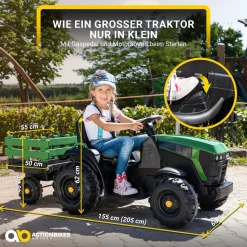 Elektro-Kindertraktor mit Anhänger, Staufach, Schaufel, Fernbedienung, 90 W, Bremsautomatik, TD925 (Grün/Schwarz)