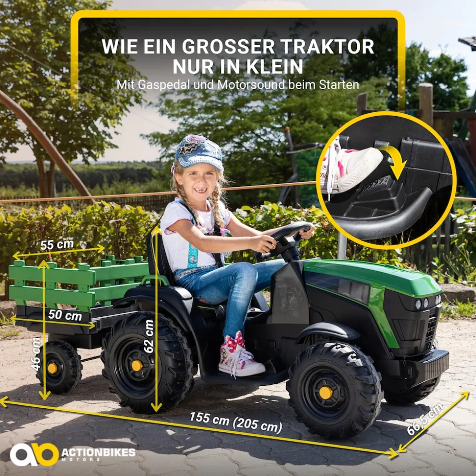 Elektro-Kindertraktor mit Anhänger, Staufach, Schaufel, Fernbedienung, 90 W, Bremsautomatik, TD925 (Grün/Schwarz)