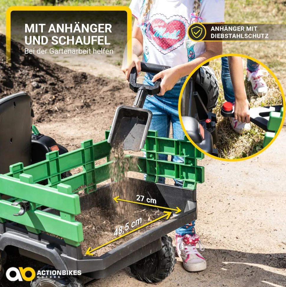 Elektro-Kindertraktor mit Anhänger, Staufach, Schaufel, Fernbedienung, 90 W, Bremsautomatik, TD925 (Grün/Schwarz)