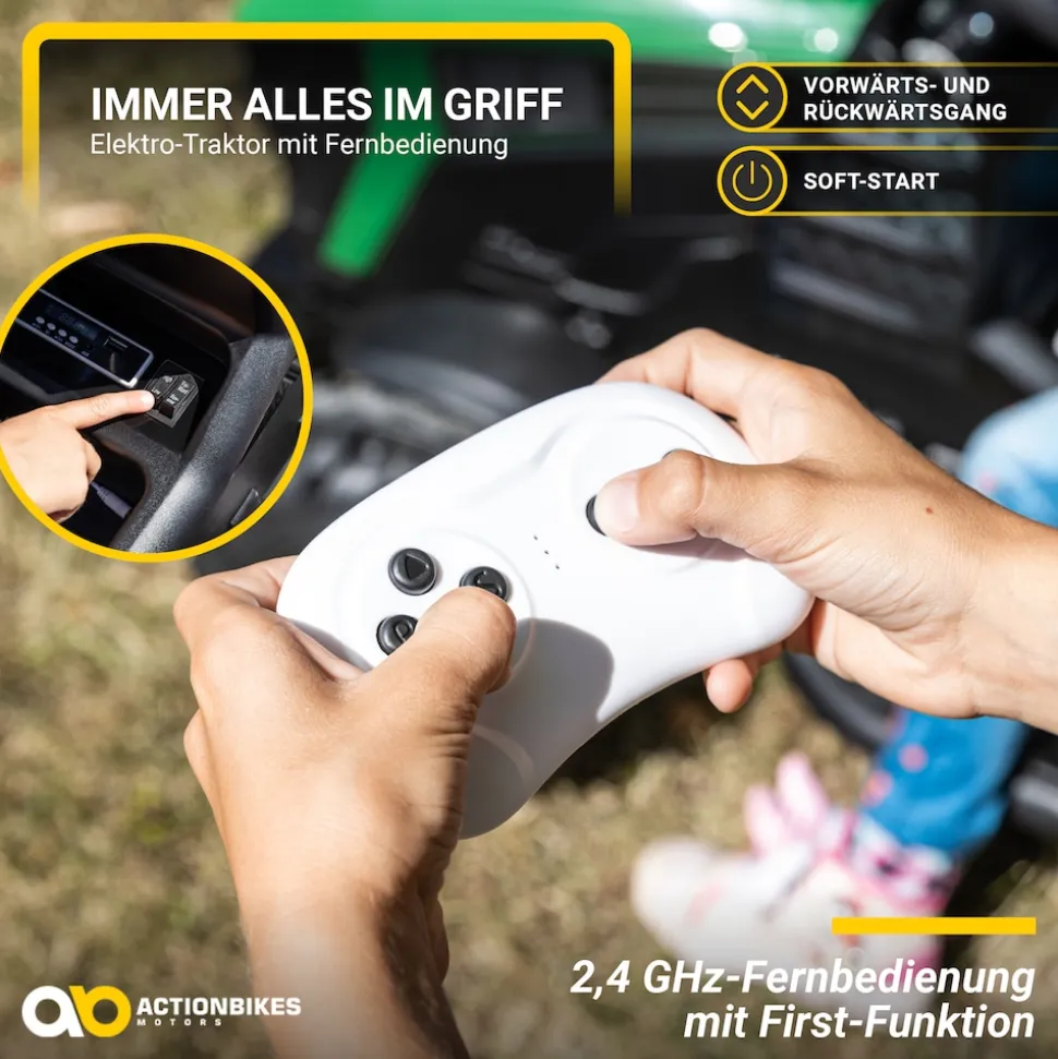 Elektro-Kindertraktor mit Anhänger, Staufach, Schaufel, Fernbedienung, 90 W, Bremsautomatik, TD925 (Grün/Schwarz)