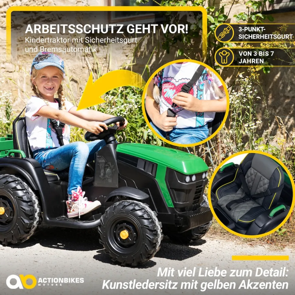Elektro-Kindertraktor mit Anhänger, Staufach, Schaufel, Fernbedienung, 90 W, Bremsautomatik, TD925 (Grün/Schwarz)