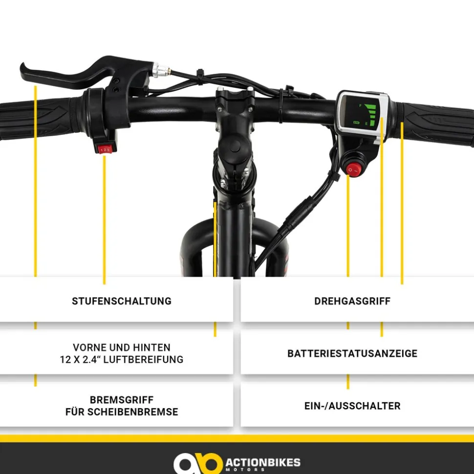 Elektro-Laufrad, 12 Zoll, Kinder-Balance-Bike m. 250 Watt, Scheibenbremsen, 3 Geschwindigkeitsstufen (Gelb)