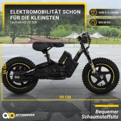 Elektro-Laufrad, 12 Zoll, Kinder-Balance-Bike m. 250 Watt, Scheibenbremsen, 3 Geschwindigkeitsstufen (Gelb)