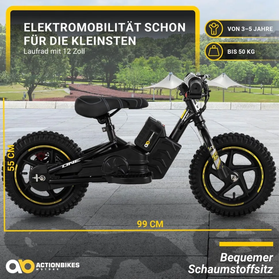 Elektro-Laufrad, 12 Zoll, Kinder-Balance-Bike m. 250 Watt, Scheibenbremsen, 3 Geschwindigkeitsstufen (Gelb)