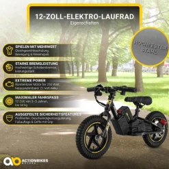 Elektro-Laufrad, 12 Zoll, Kinder-Balance-Bike m. 250 Watt, Scheibenbremsen, 3 Geschwindigkeitsstufen (Gelb)