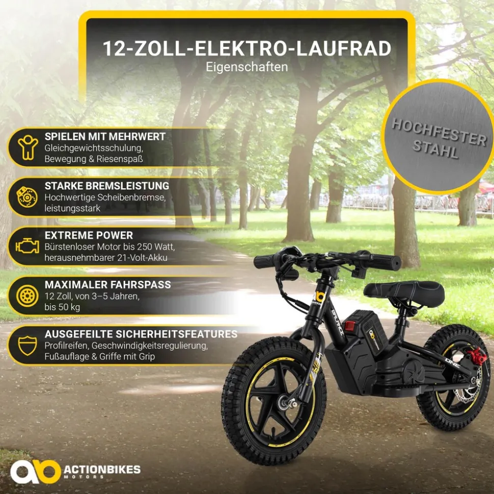 Elektro-Laufrad, 12 Zoll, Kinder-Balance-Bike m. 250 Watt, Scheibenbremsen, 3 Geschwindigkeitsstufen (Gelb)