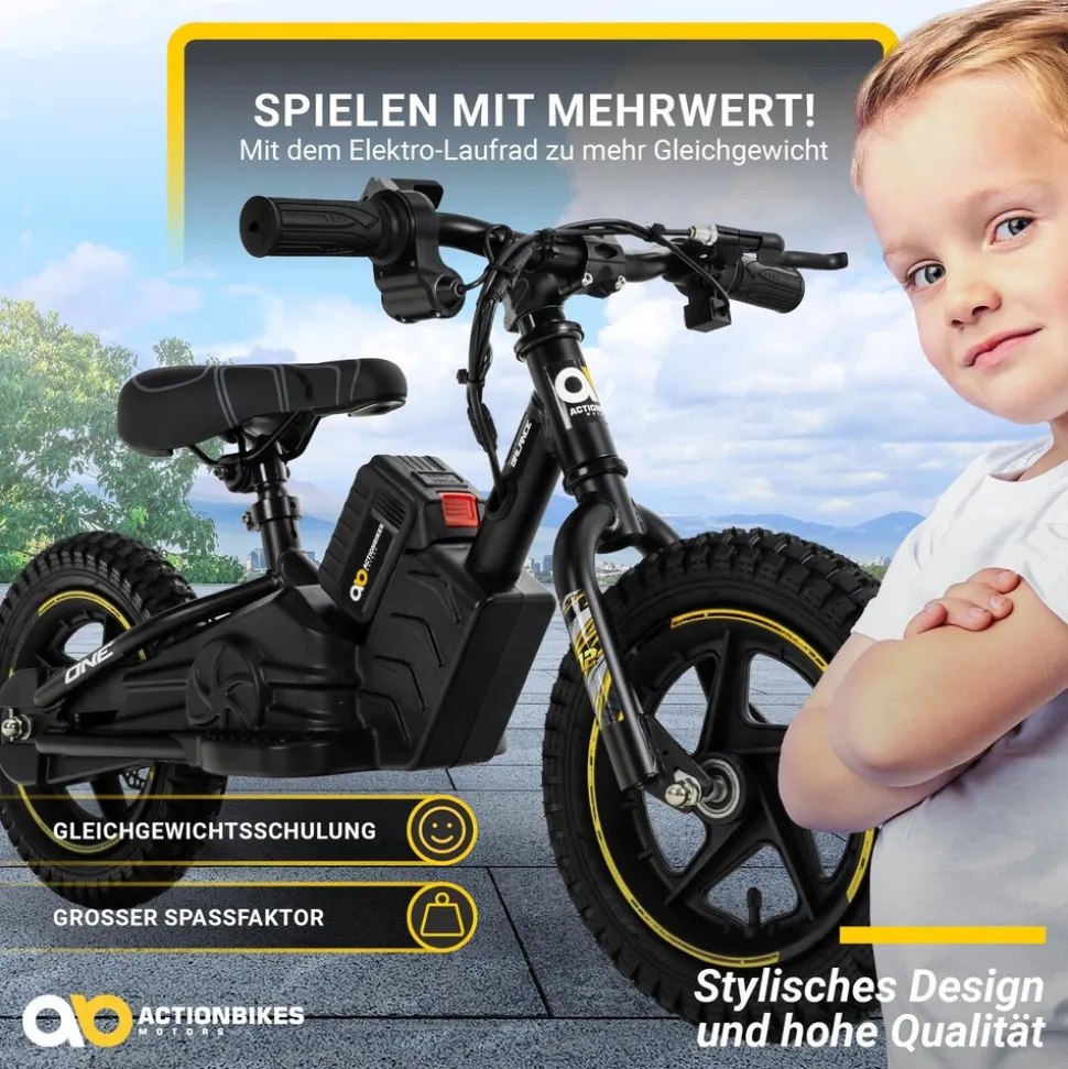 Elektro-Laufrad, 12 Zoll, Kinder-Balance-Bike m. 250 Watt, Scheibenbremsen, 3 Geschwindigkeitsstufen (Gelb)