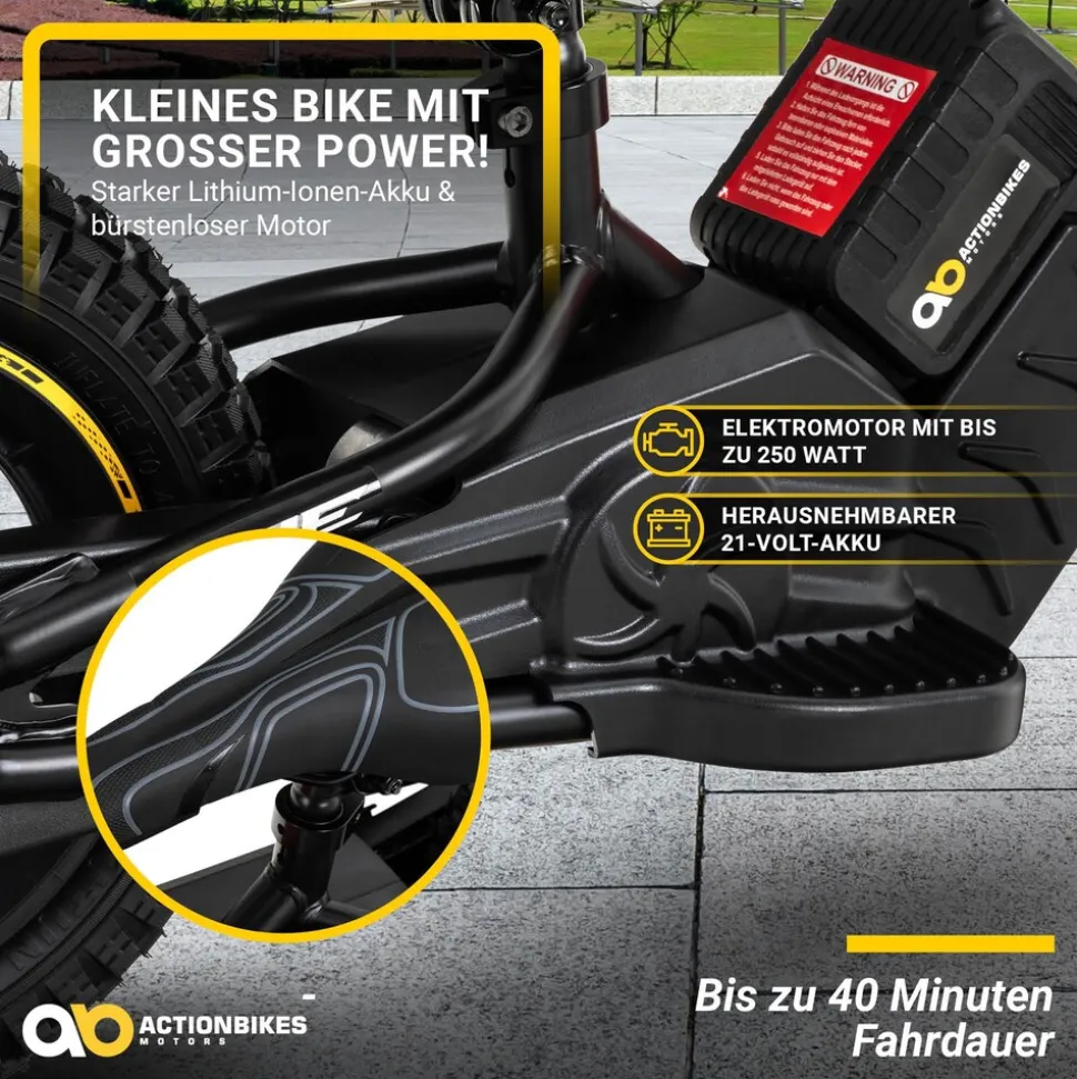 Elektro-Laufrad, 12 Zoll, Kinder-Balance-Bike m. 250 Watt, Scheibenbremsen, 3 Geschwindigkeitsstufen (Gelb)