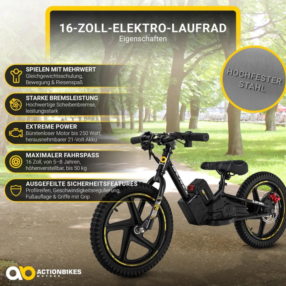 Elektro-Laufrad, 16 Zoll, Kinder-Balance-Bike m. 250 Watt, Scheibenbremsen, 3 Geschwindigkeitsstufen (Gelb)