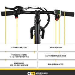 Elektro-Laufrad, 16 Zoll, Kinder-Balance-Bike m. 250 Watt, Scheibenbremsen, 3 Geschwindigkeitsstufen (Gelb)