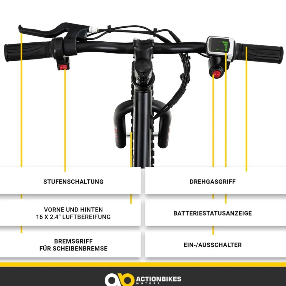 Elektro-Laufrad, 16 Zoll, Kinder-Balance-Bike m. 250 Watt, Scheibenbremsen, 3 Geschwindigkeitsstufen (Gelb)