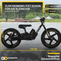 Elektro-Laufrad, 16 Zoll, Kinder-Balance-Bike m. 250 Watt, Scheibenbremsen, 3 Geschwindigkeitsstufen (Gelb)