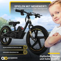 Elektro-Laufrad, 16 Zoll, Kinder-Balance-Bike m. 250 Watt, Scheibenbremsen, 3 Geschwindigkeitsstufen (Gelb)