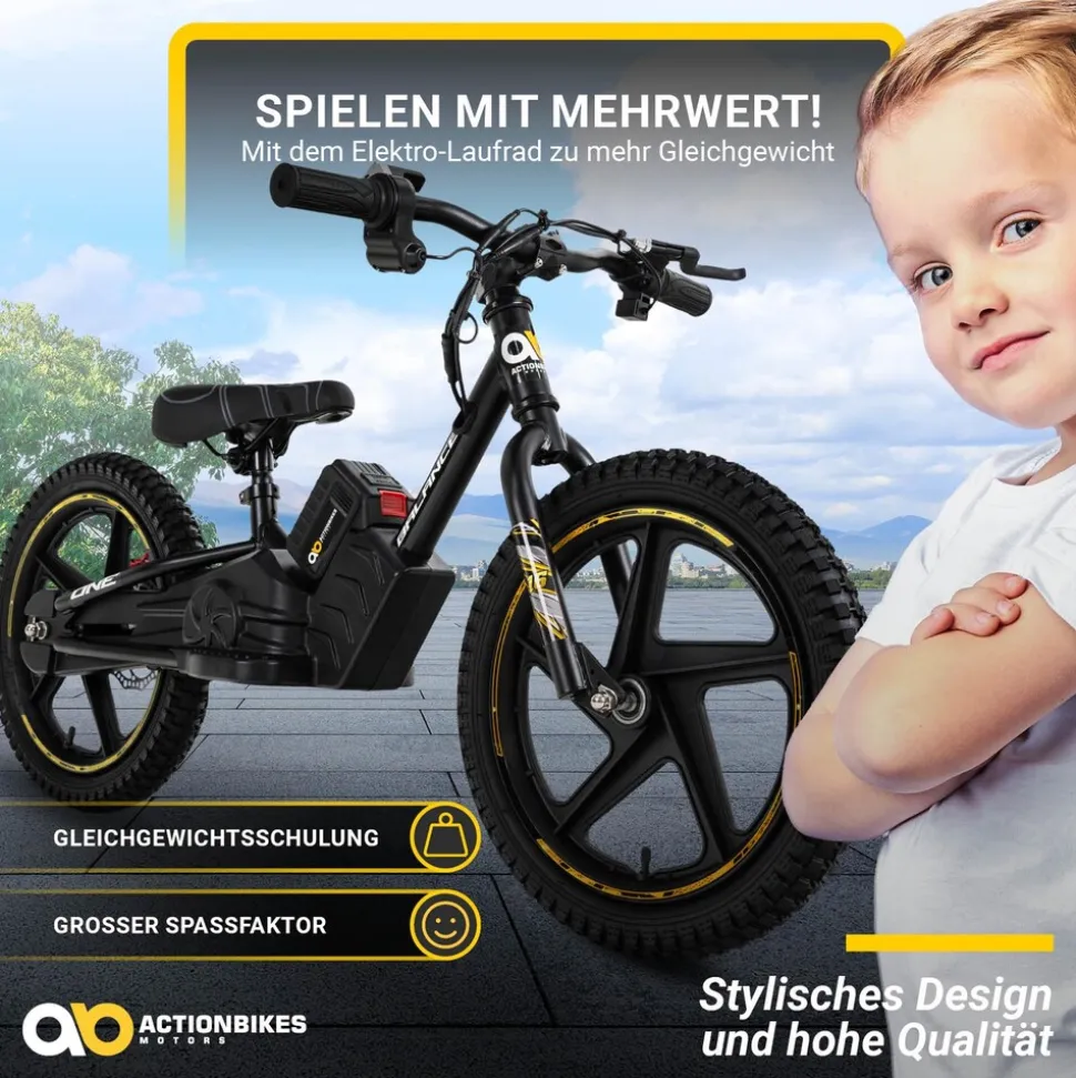 Elektro-Laufrad, 16 Zoll, Kinder-Balance-Bike m. 250 Watt, Scheibenbremsen, 3 Geschwindigkeitsstufen (Gelb)