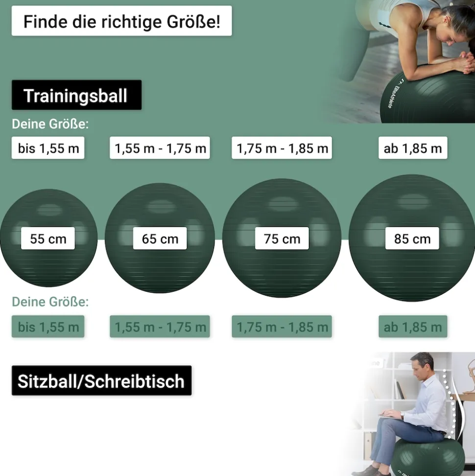 EliteAthlete® Gymnastikball Sitzball Büro ergonomisch mit Anti Burst System - Fitness Yoga Pilates Schwangerschaft - Schwangerschaftsball Fitnessball Yogaball - Yoga Ball inkl. Luftpumpe - Forest 55cm