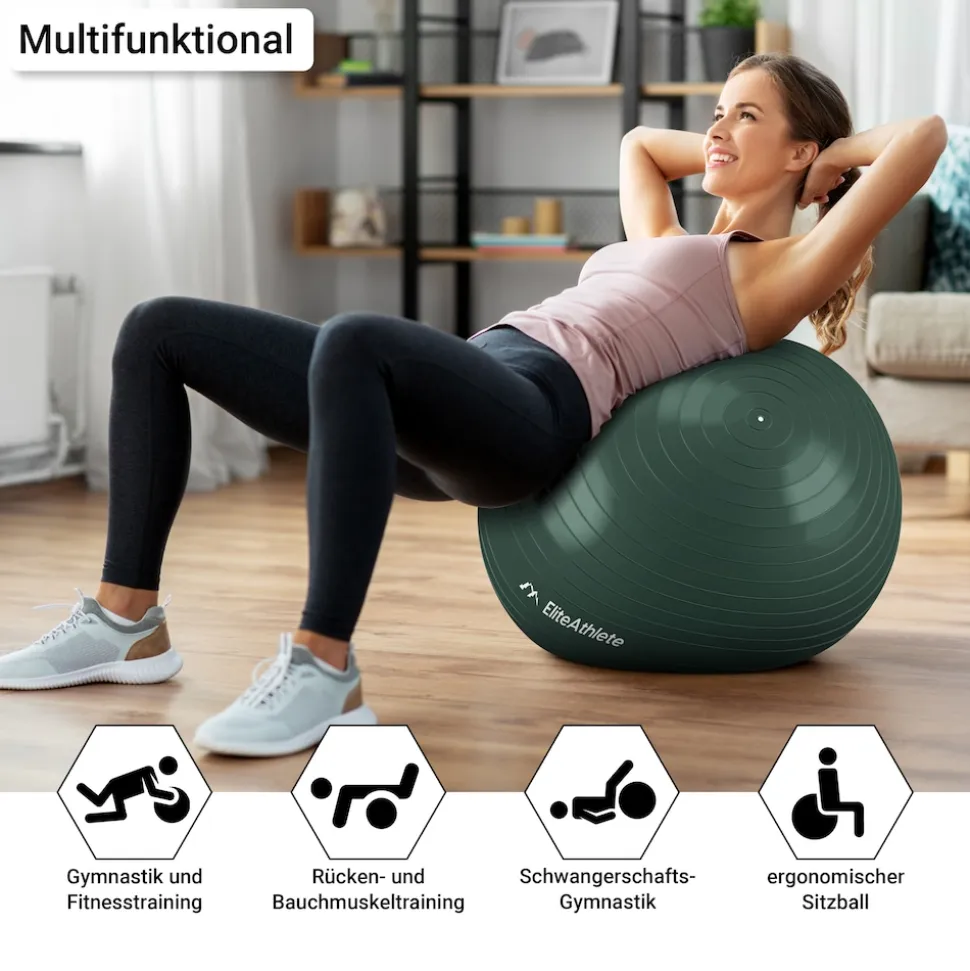 EliteAthlete® Gymnastikball Sitzball Büro ergonomisch mit Anti Burst System - Fitness Yoga Pilates Schwangerschaft - Schwangerschaftsball Fitnessball Yogaball - Yoga Ball inkl. Luftpumpe - Forest 55cm
