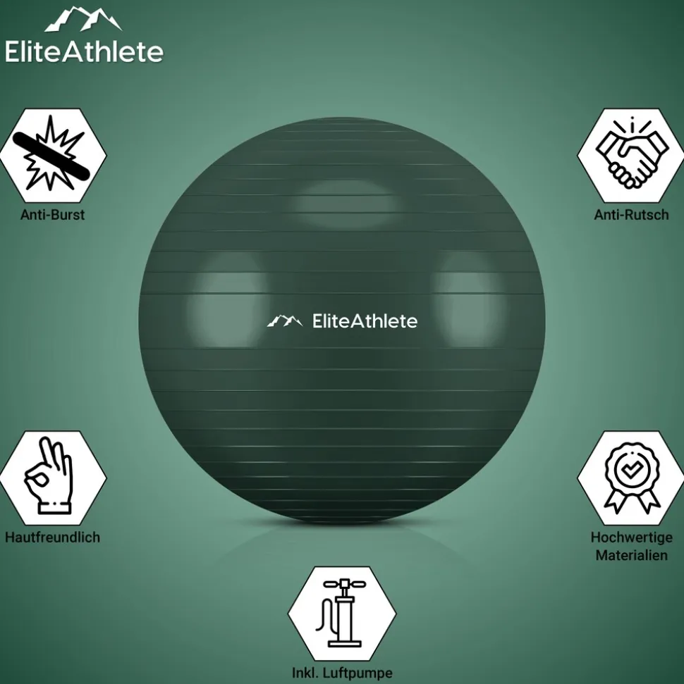 EliteAthlete® Gymnastikball Sitzball Büro ergonomisch mit Anti Burst System - Fitness Yoga Pilates Schwangerschaft - Schwangerschaftsball Fitnessball Yogaball - Yoga Ball inkl. Luftpumpe - Forest 55cm