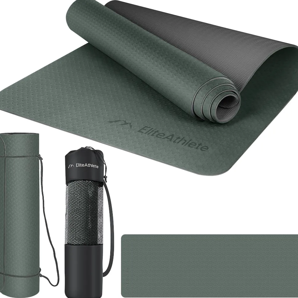 EliteAthlete® Yogamatte - Sportmatte - Fitnessmatte - Gymnastikmatte gepolstert & rutschfest für Fitness, Pilates - Yoga Matte - 183 cm x 61 cm x 0.6 cm - Trainingsmatte inkl. Transportgurt + Tasche - Deep Forest