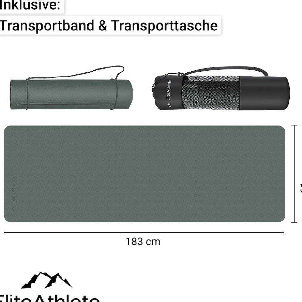 EliteAthlete® Yogamatte - Sportmatte - Fitnessmatte - Gymnastikmatte gepolstert & rutschfest für Fitness, Pilates - Yoga Matte - 183 cm x 61 cm x 0.6 cm - Trainingsmatte inkl. Transportgurt + Tasche - Deep Forest